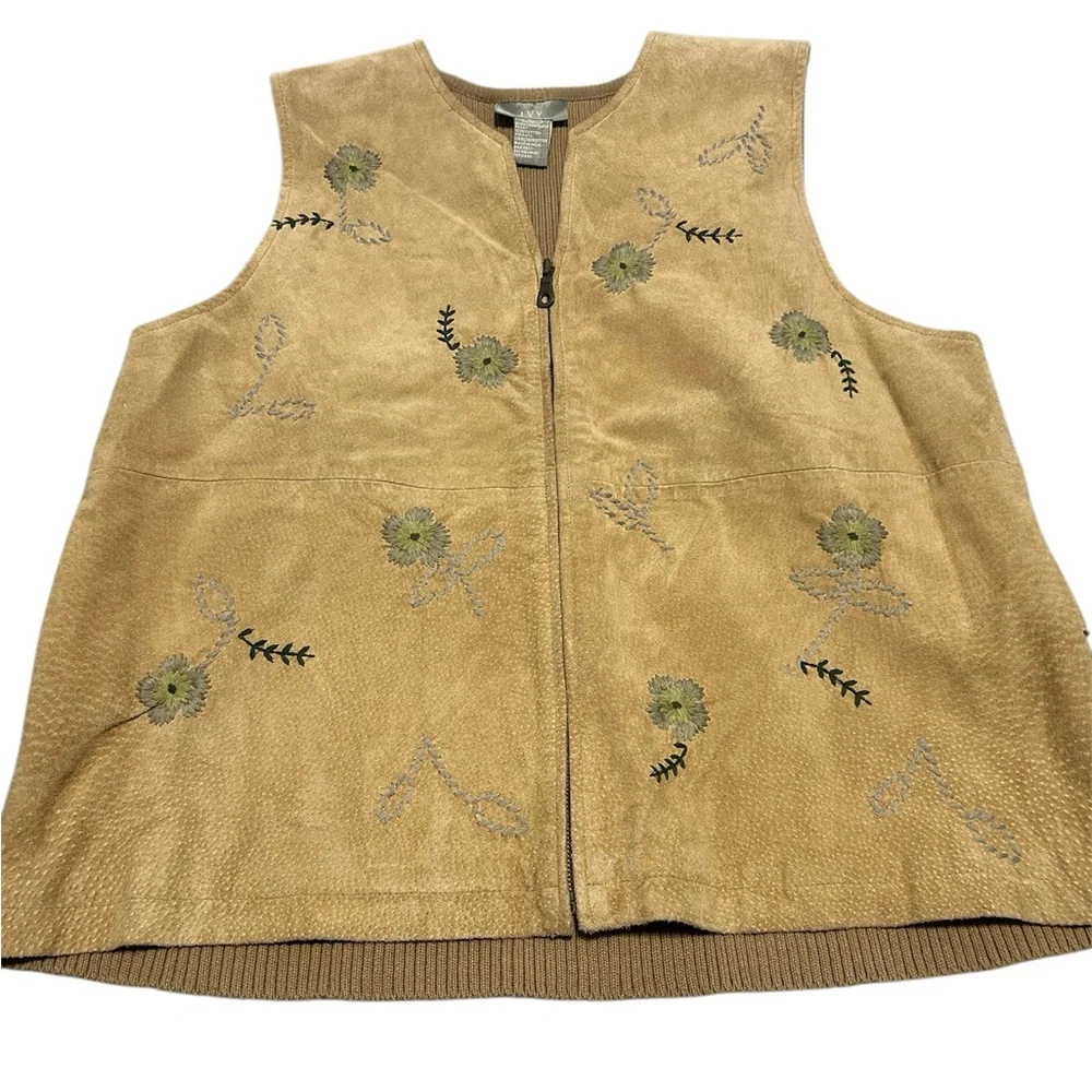 Ivy Brand Flower Embroidered Suede Front Knit Back Vest Size XL